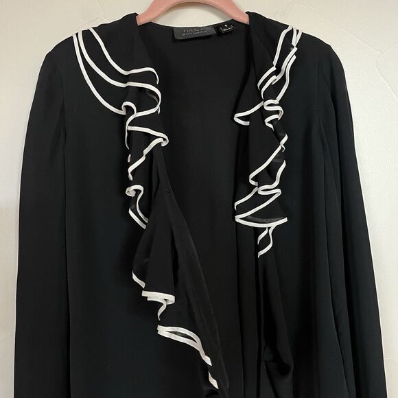 Dana Buchman Black Tuxedo Ruffle Wrap Long Sleeve‎ 100% Silk Blouse SZ 6 Medium - Picture 2 of 16